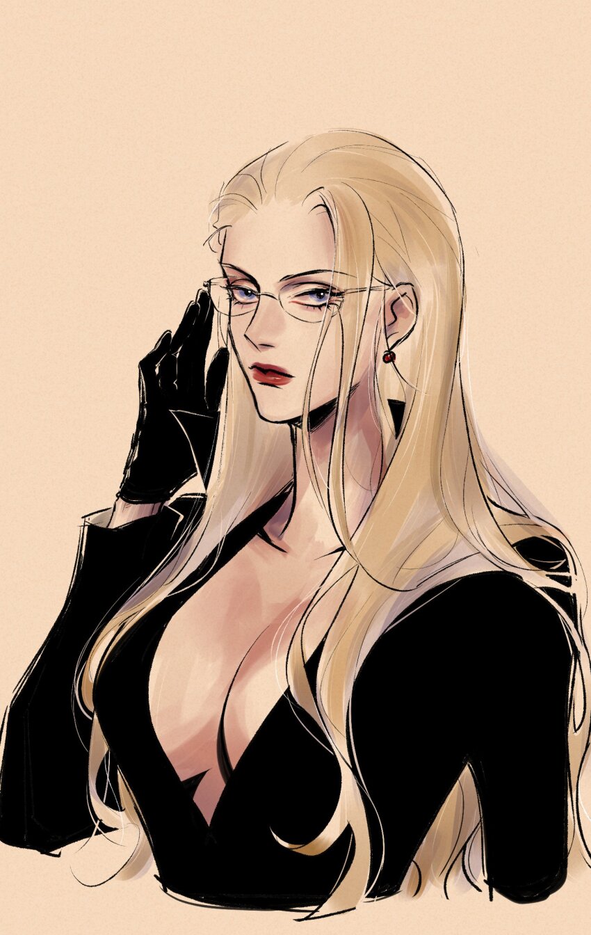 1girl black_dress black_gloves blonde_hair blue_eyes breasts cleavage closed_mouth commentary dress earrings eyelashes glasses gloves highres jewelry kalifa_(one_piece) long_hair looking_at_viewer one_piece pearl_earrings red_lips simple_background smdsqi solo upper_body