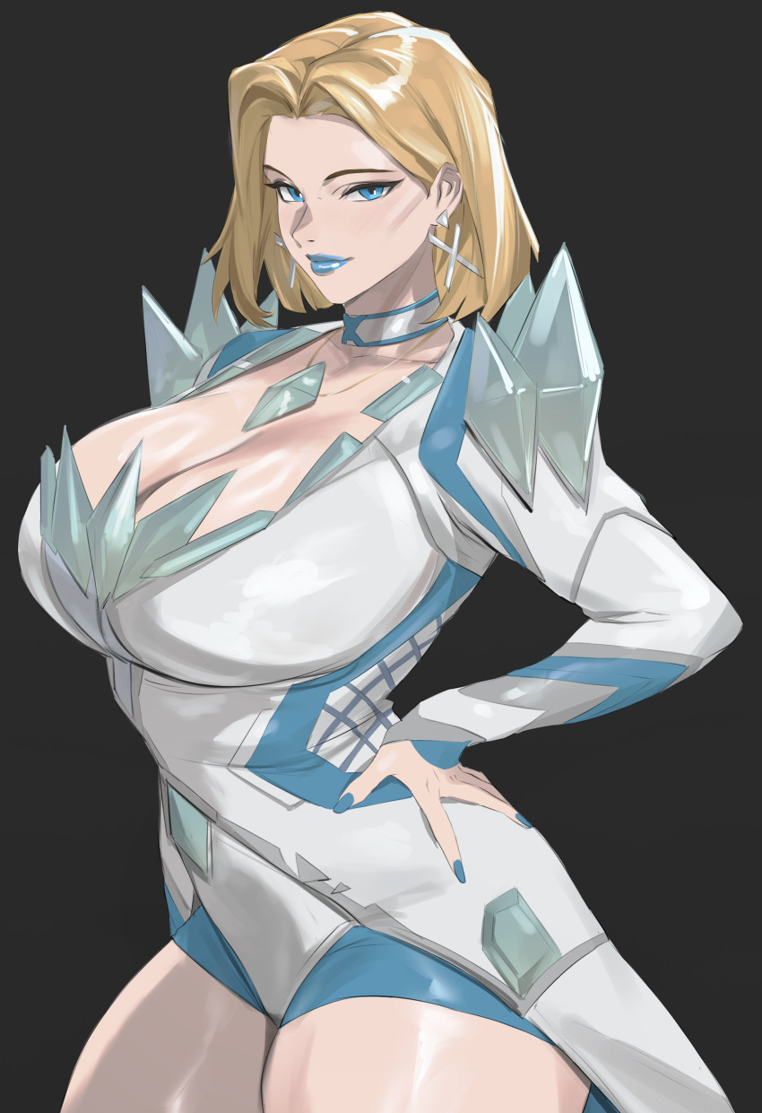 1girl absurdres black_background blonde_hair blue_eyes blue_lips blue_nails breasts choker cleavage coat cowboy_shot curvy earrings emma_frost hair_intakes hand_on_own_hip highres huge_breasts jewelry lips marvel marvel_rivals necklace short_hair simple_background solo taiyang_yu thighs white_choker white_coat x-men