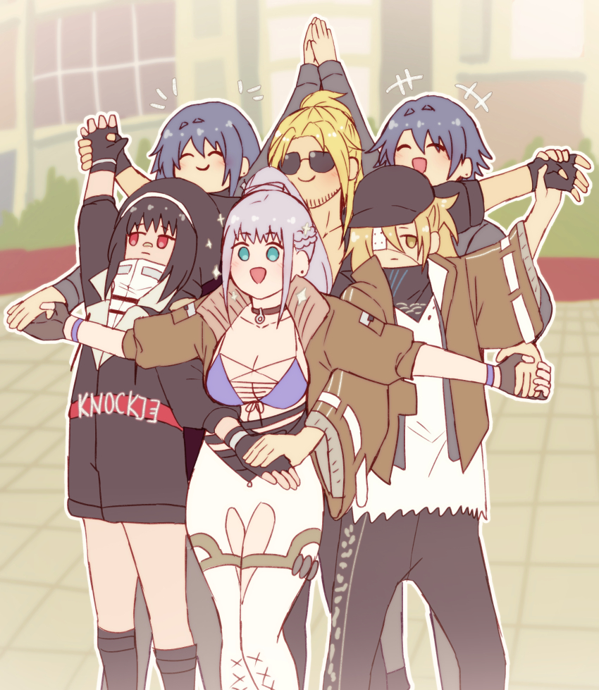 3boys 3girls a9864678 absurdres bad_id bad_pixiv_id bai_yi_(path_to_nowhere) baseball_cap black_gloves black_hair black_jacket blue_hair brown_jacket che_(path_to_nowhere) chief_(path_to_nowhere) chinese_commentary commentary_request donald_(path_to_nowhere) facial_hair female_chief_(path_to_nowhere) fingerless_gloves gloves hairband hat high_five high_ponytail highres jacket male_chief_(path_to_nowhere) multiple_boys multiple_girls open_clothes open_jacket path_to_nowhere ponytail red_eyes sumire_(path_to_nowhere) sunglasses translation_request white_hairband