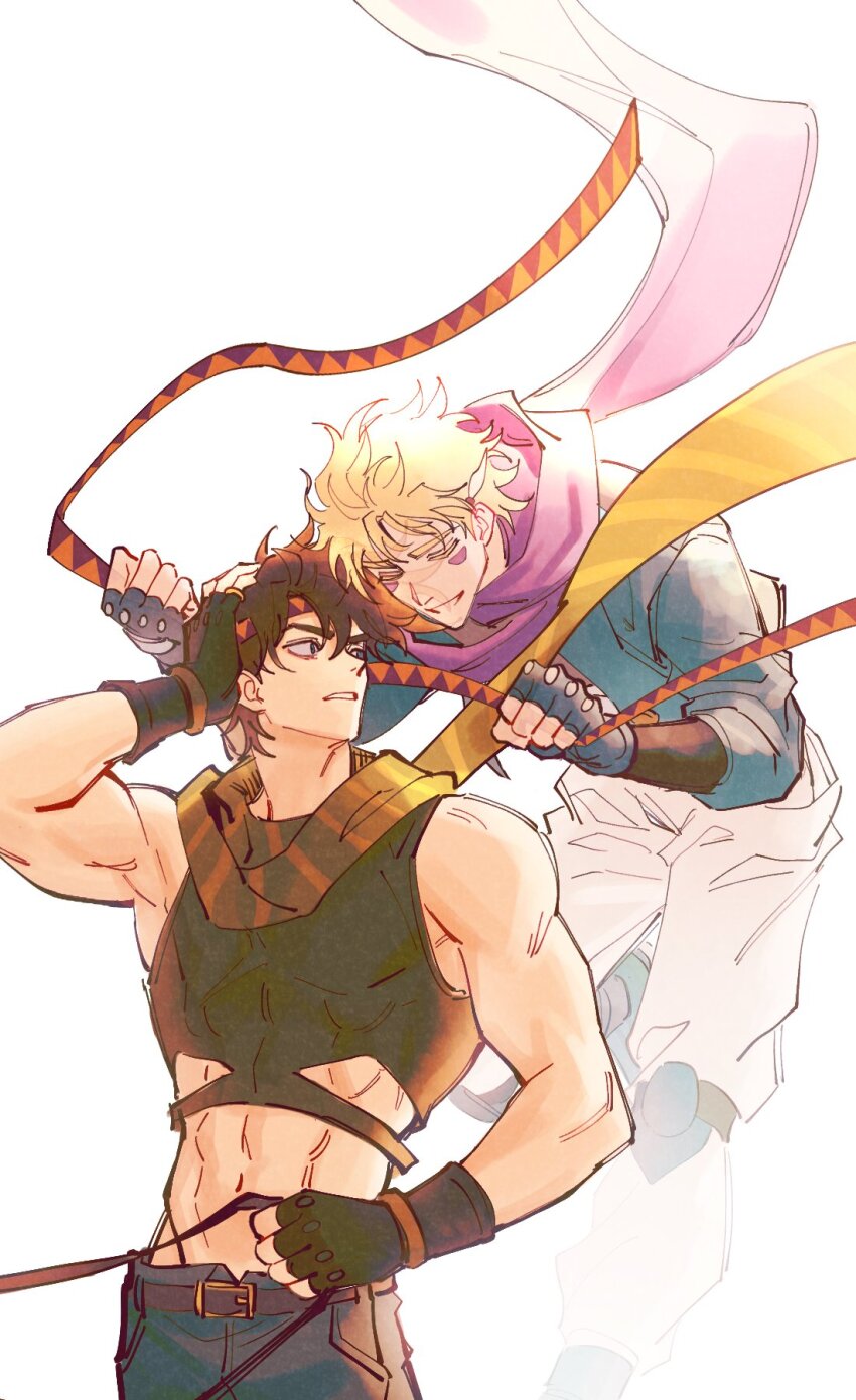 2boys battle_tendency belt blonde_hair blue_gloves blue_jacket blue_pants brown_belt brown_hair brown_scarf crop_top facial_mark fingerless_gloves gloves green_gloves green_shirt headband highres holding_headband jacket jojo_no_kimyou_na_bouken male_focus messy_hair multicolored_headband multiple_boys navel orange_headband orange_scarf pants pink_headband pink_scarf scarf shirt triangle_print white_pants ym_jel