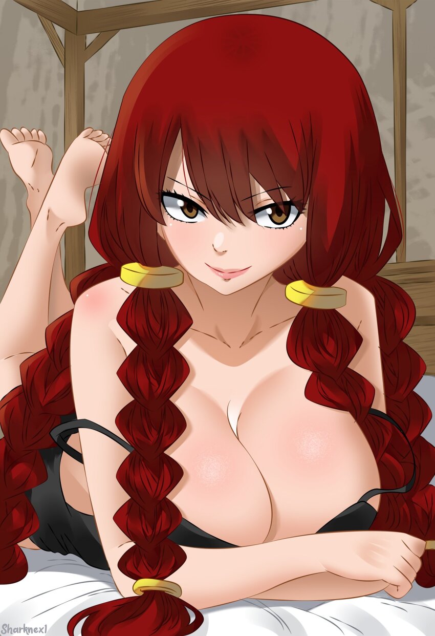 1girl bare_shoulders barefoot bed bed_sheet black_nightgown blush braid breasts brown_eyes cleavage collarbone fairy_tail hair_between_eyes hair_ornament highres indoors irene_belserion large_breasts lips long_hair looking_at_viewer lying mature_female multiple_braids nightgown on_stomach red_hair sharknex1 smile solo the_pose very_long_hair