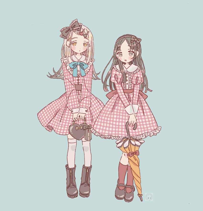 2girls ankle_boots aqua_background aqua_bow aqua_bowtie bag black_bag black_boots black_bow black_hairband black_shoes blonde_hair boots bouryoku_hantai bow bow_hairband bowtie brown_eyes brown_hair buttons center_frills collar collared_dress colored_eyelashes colored_tips dress flipped_hair frilled_bow frilled_collar frilled_dress frills full_body gakuen_idolmaster hair_bow hair_ornament hairband hairclip handbag heart heart-shaped_bag heart_hair_ornament highres holding holding_bag holding_umbrella idolmaster juliet_sleeves kneehighs kuramoto_china long_hair long_sleeves mary_janes multicolored_hair multiple_girls parted_bangs pink_dress plaid_clothes plaid_dress puffy_sleeves red_socks shinosawa_hiro shoes simple_background sleeve_cuffs socks standing thighhighs tote_bag umbrella white_sleeve_cuffs white_thighhighs yellow_eyes