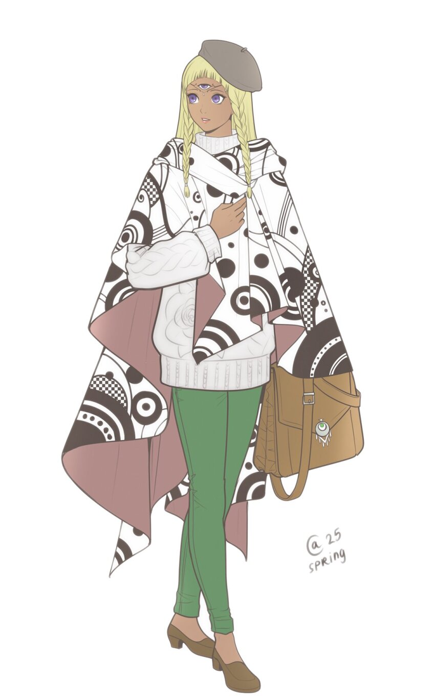 1girl alternate_costume autumn-sacura bag blonde_hair braid brown_bag contemporary dark-skinned_female dark_skin eupha_(metaphor:_refantazio) full_body grey_hat hat highres lips long_hair long_sleeves metaphor:_refantazio parted_lips pink_lips purple_eyes simple_background solo sweater third_eye turtleneck turtleneck_sweater twin_braids twitter_username white_background white_sweater