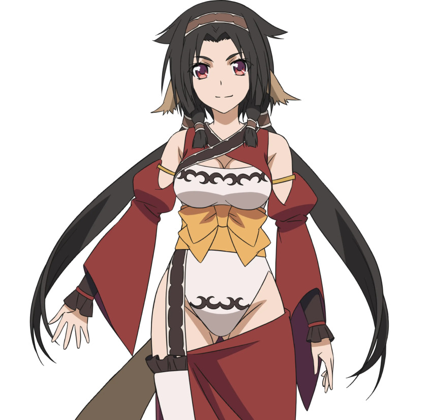 1girl absurdres ainu_clothes animal_ears aquaplus ass black_hair breasts cleavage cleavage_cutout closed_mouth clothing_cutout cowboy_shot eyes_visible_through_hair hair_over_shoulder hairband highres large_breasts leotard long_hair long_sleeves looking_at_viewer nakata_masahiko off_shoulder official_art parted_lips red_eyes sash shis sidelocks smile solo standing tail thighhighs thighs transparent_background twintails utawarerumono utawarerumono:_futari_no_hakuoro very_long_hair white_fox_(company)