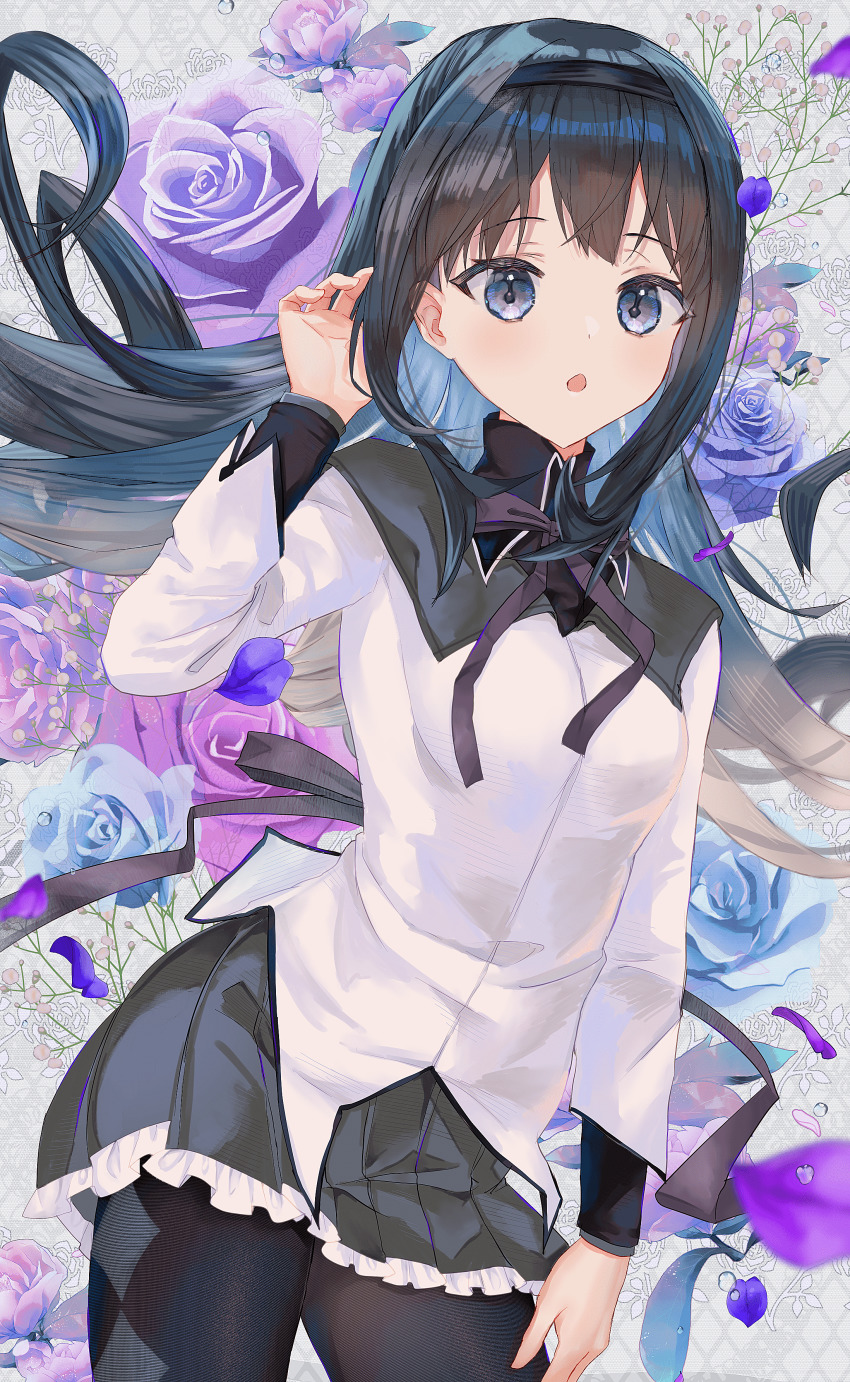 1girl :o absurdres akemi_homura akemi_homura_(magical_girl) black_hair black_hairband capelet flower hairband hand_in_own_hair hand_up highres isuzu_(an_icy_cat) long_hair looking_at_viewer magical_girl mahou_shoujo_madoka_magica mahou_shoujo_madoka_magica_(anime) open_mouth petals purple_eyes skirt solo
