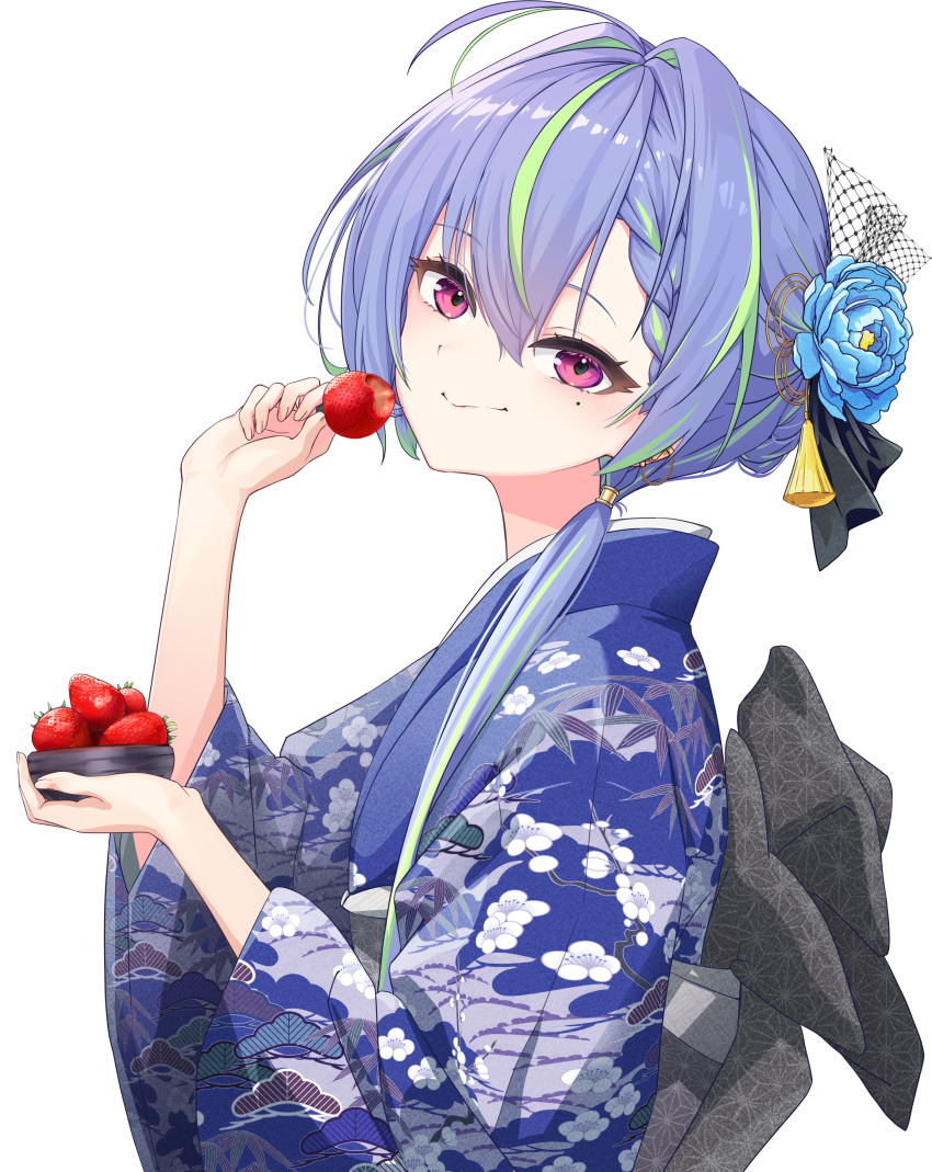1girl 2025 absurdres alternate_costume blue_flower blue_hair blue_kimono blush bowl closed_mouth commentary_request floral_print floral_print_kimono flower food fruit green_hair hair_flower hair_intakes hair_ornament highres holding holding_bowl japanese_clothes kimono long_sleeves looking_at_viewer looking_to_the_side mole mole_under_eye multicolored_hair nanashi_inc. ougimaneki pink_eyes print_kimono short_hair smile solo strawberry suzumi_nemo tassel tassel_hair_ornament transparent_background two-tone_hair upper_body variant_set virtual_youtuber wide_sleeves yukata