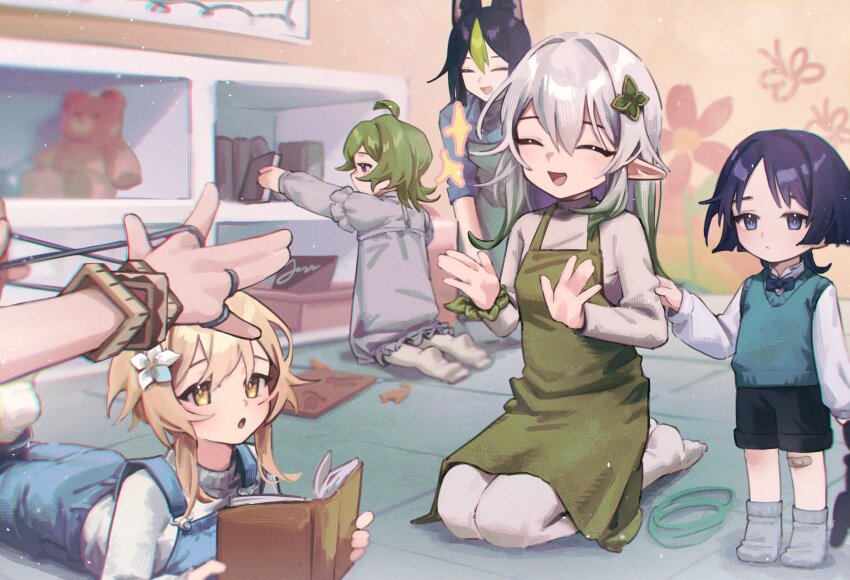 2boys 3girls aged_down ahoge alternate_costume alternate_hairstyle animal_ears animal_print apron aqua_sweater aqua_sweater_vest aqua_vest arm_at_side bandaid bandaid_on_knee bandaid_on_leg bent_over black_eyes black_hair black_shorts blonde_hair blue_overalls blue_shirt blunt_ends book book_stack bookshelf box butterfly_print cardboard_box cat&#039;s_cradle child closed_eyes collei_(genshin_impact) contemporary dress faruzan_(genshin_impact) floral_print flower foot_up fox_ears frilled_skirt frilled_sleeves frills genshin_impact gold green_apron green_hair green_scrunchie hair_between_eyes hair_down hair_flower hair_intakes hair_ornament highres holding holding_book jump_rope kindergarten kindergarten_teacher kneeling long_sleeves lumine_(genshin_impact) lying multicolored_hair multiple_boys multiple_girls nahida_(genshin_impact) nats_(d0ughnats) official_alternate_hairstyle on_back on_stomach open_hands open_mouth outstretched_arm overalls parted_bangs parted_lips pointy_ears purple_dress purple_hair puzzle reaching scaramouche_(genshin_impact) scrunchie shelf shirt short_hair short_hair_with_long_locks shorts sidelocks skirt sleeve_pull sleeveless sleeveless_sweater three-quarter_sleeves socks standing streaked_hair string string_around_finger stuffed_animal stuffed_toy sweater sweater_vest teddy_bear tighnari_(genshin_impact) turtleneck turtleneck_shirt two-tone_hair white_flower white_hair white_shirt white_sleeves white_socks white_undershirt wrist_scrunchie bracelet yellow_eyes