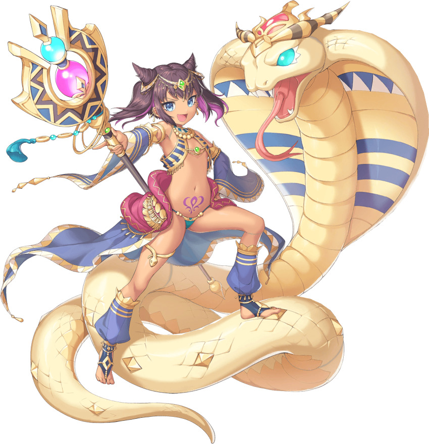 1girl ancient_egyptian artist_request barefoot blue_eyes breasts brown_hair cleopatra_(legend_clover) cobra_(animal) highres legend_clover official_art panties pink_hair pubic_tattoo small_breasts staff tattoo third-party_source underwear