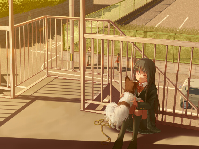1girl 3boys ^_^ animal bike_shorts black_hair black_thighhighs blazer bow bowtie car closed_eyes collared_shirt dog evening guard_rail holding holding_animal holding_dog jacket leash licking licking_another&#039;s_face long_hair long_sleeves motor_vehicle multiple_boys original plaid_clothes plaid_skirt red_bow red_bowtie road scenery school_uniform shirt sitting skirt stairs street thighhighs white_shirt wing_collar yuugure