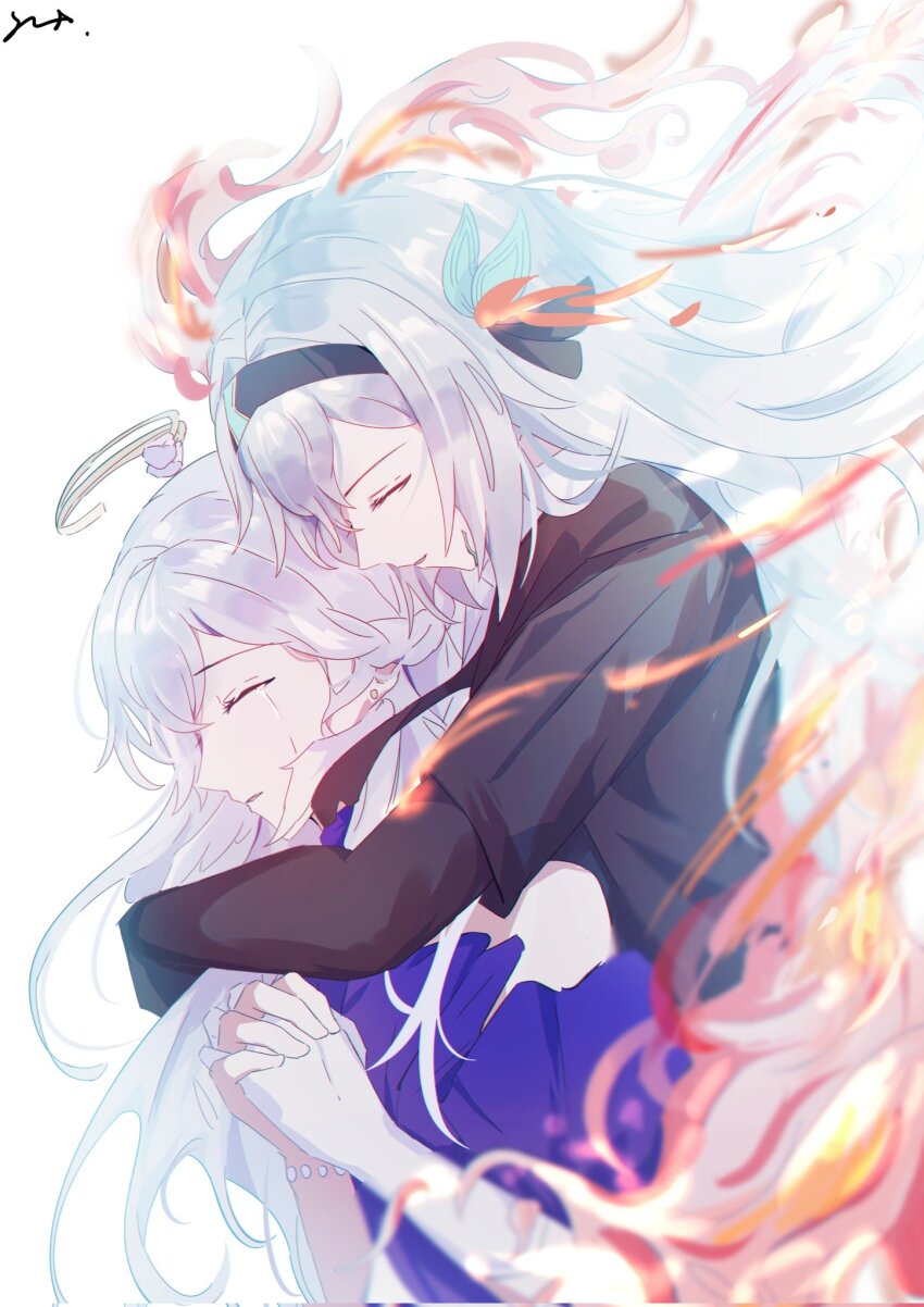 2girls bead_bracelet beads black_gloves black_hairband black_jacket black_necktie black_ribbon bracelet closed_eyes collar collared_shirt crying dress fire firefly_(honkai:_star_rail) firefly_(jepella_rebellion)_(honkai:_star_rail) gloves grey_hair hair_between_eyes hair_intakes hair_ornament hair_ribbon hairband halo head_wings highres honkai:_star_rail honkai_(series) hug hug_from_behind interlocked_fingers jacket jewelry multiple_girls necktie open_mouth praying purple_collar purple_dress purple_sleeves qingsi ribbon robin_(honkai:_star_rail) shirt simple_background single_glove strapless strapless_dress streaming_tears tears white_background white_gloves white_shirt white_wings wings yellow_halo