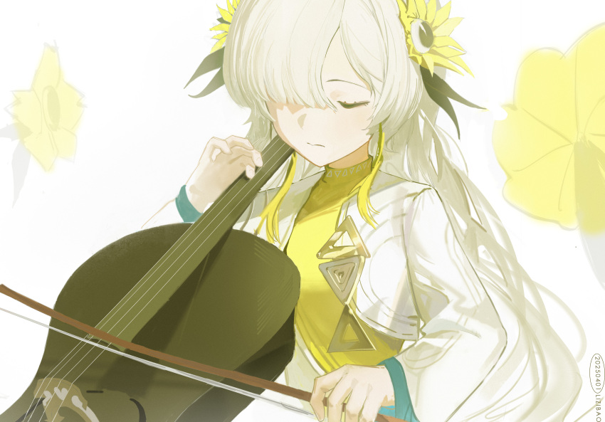 1girl absurdres blonde_hair bow_(music) cello closed_eyes flower hair_flower hair_ornament hair_over_one_eye highres holding holding_bow_(music) instrument isekaijoucho kamitsubaki_studio lizibao multicolored_hair simple_background solo sunflower sunflower_hair_ornament two-tone_hair upper_body white_background white_hair