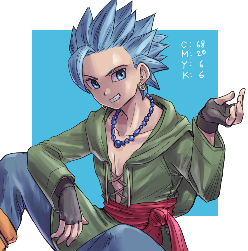 1boy absurdres arm_on_knee bead_necklace beads blue_background blue_eyes blue_hair blue_pants border camus_(dq11) cmyk collarbone commentary_request cross-laced_clothes dragon_quest dragon_quest_xi earrings fingerless_gloves gloves gold_earrings green_tunic grey_gloves grin highres hoop_earrings jewelry looking_to_the_side male_focus necklace orange_socks pants pekuchin_(pekuchin_3) red_sash sash short_hair sitting smile socks spiked_hair tunic white_border
