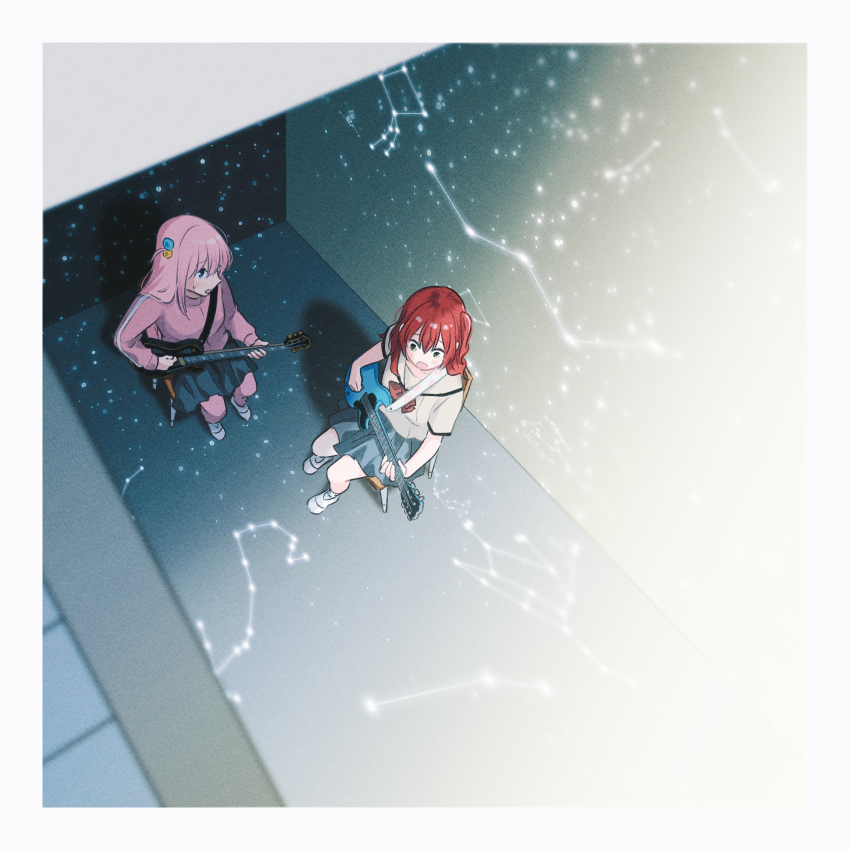 2girls aquarius_(constellation) black_skirt bocchi_the_rock! cancer_(constellation) commentary_request constellation cube_hair_ornament electric_guitar from_above full_body gotoh_hitori guitar hair_ornament highres instrument kita_ikuyo leo_(constellation) long_hair mogggggge multiple_girls music open_mouth pink_hair pink_track_suit playing_instrument pleated_skirt school_uniform scorpius_(constellation) serafuku sitting skirt sweatdrop track_suit