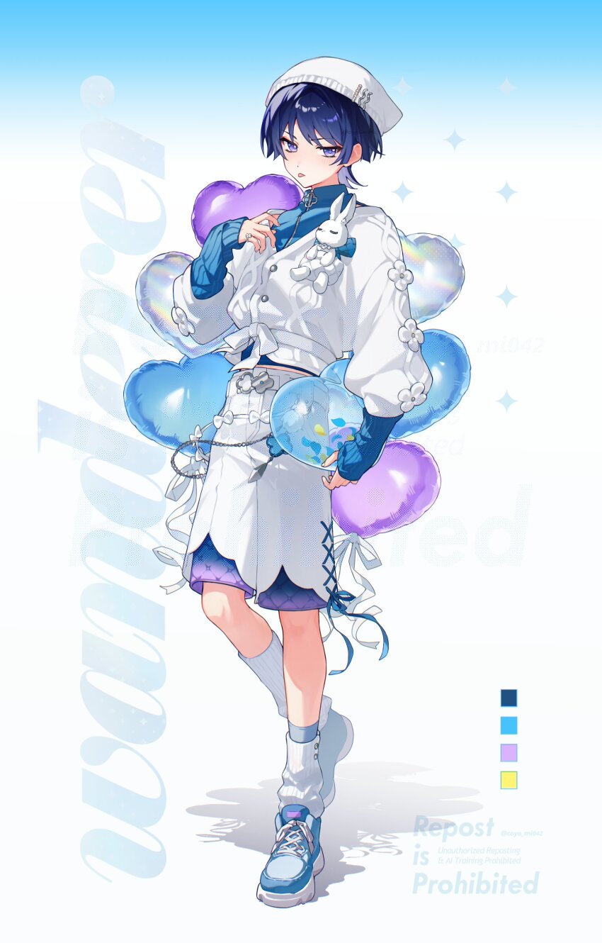 1boy absurdres alternate_costume arm_at_side balloon belt beret blue_pupils blue_shoes blue_sleeves blue_undershirt buckle cable_knit cardigan casual chain character_name contemporary curled_fingers eyeliner eyeshadow fingernails full-length_zipper full_body genshin_impact hand_up hat heart_balloon highres layered_shorts layered_sleeves light_blush long_sleeves loose_socks makeup male_focus midriff_peek mochimiya_(coyo) pinky_ring puffy_sleeves purple_eyes purple_hair purple_shorts red_eyeliner red_eyeshadow ribbed_sleeves scaramouche_(genshin_impact) shoes shorts shoulder_peek sneakers socks solo tongue tongue_out tsurime twitter_username watermark white_belt white_cardigan white_hat white_shorts white_sleeves white_socks wispy_bangs zipper