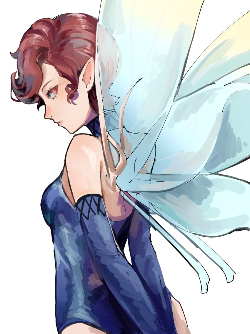 1girl 4me3ba_niku arms_behind_back blue_sleeves brown_hair demon_(megami_tensei) detached_sleeves fairy fairy_wings highres looking_at_viewer looking_back pixie_(megami_tensei) shin_megami_tensei short_hair solo wings