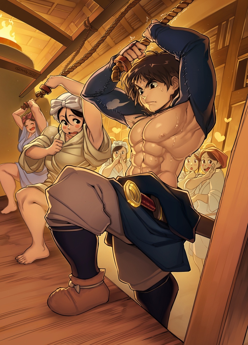 1boy 5girls abs armor armpits arms_up ashitaka bandana barefoot black_hair blush_stickers brown_hair clothes_around_waist clothes_pull crowd exercising furnace furrowed_brow gofa hair_between_eyes heart hetero highres holding indoors japanese_armor japanese_clothes kiyo_(mononoke_hime) kote looking_at_another male_focus moccasins mononoke_hime multiple_girls muscular muscular_male pac-man_eyes pectorals pulling rope short_hair short_sword shrug_(clothing) solo_focus sweat sword toes toki_(mononoke_hime) weapon wide_sleeves