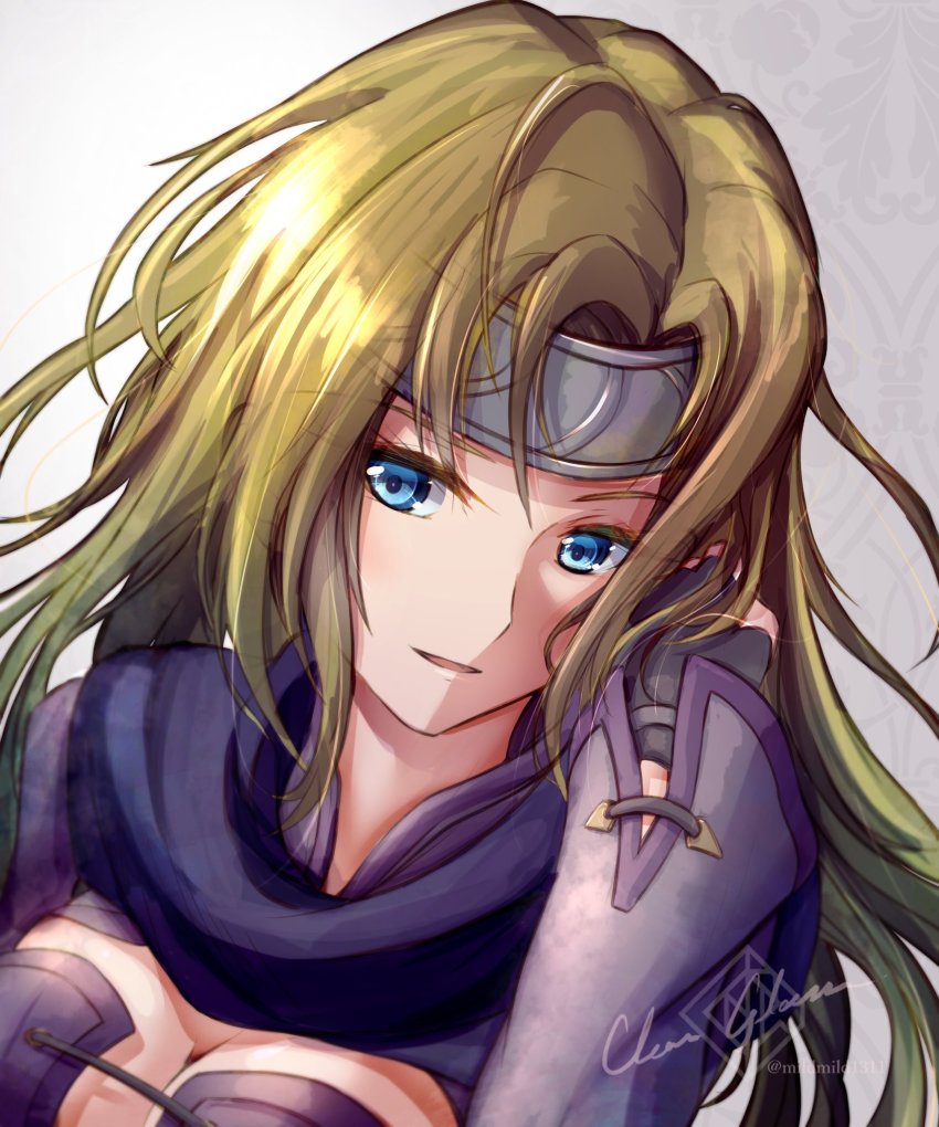 blonde_hair blue_eyes breasts clear_glass_(mildmild1311) fingerless_gloves fire_emblem fire_emblem:_radiant_dawn gloves headband heather_(fire_emblem) highres large_breasts long_hair looking_at_viewer nintendo open_mouth simple_background solo turtleneck white_background