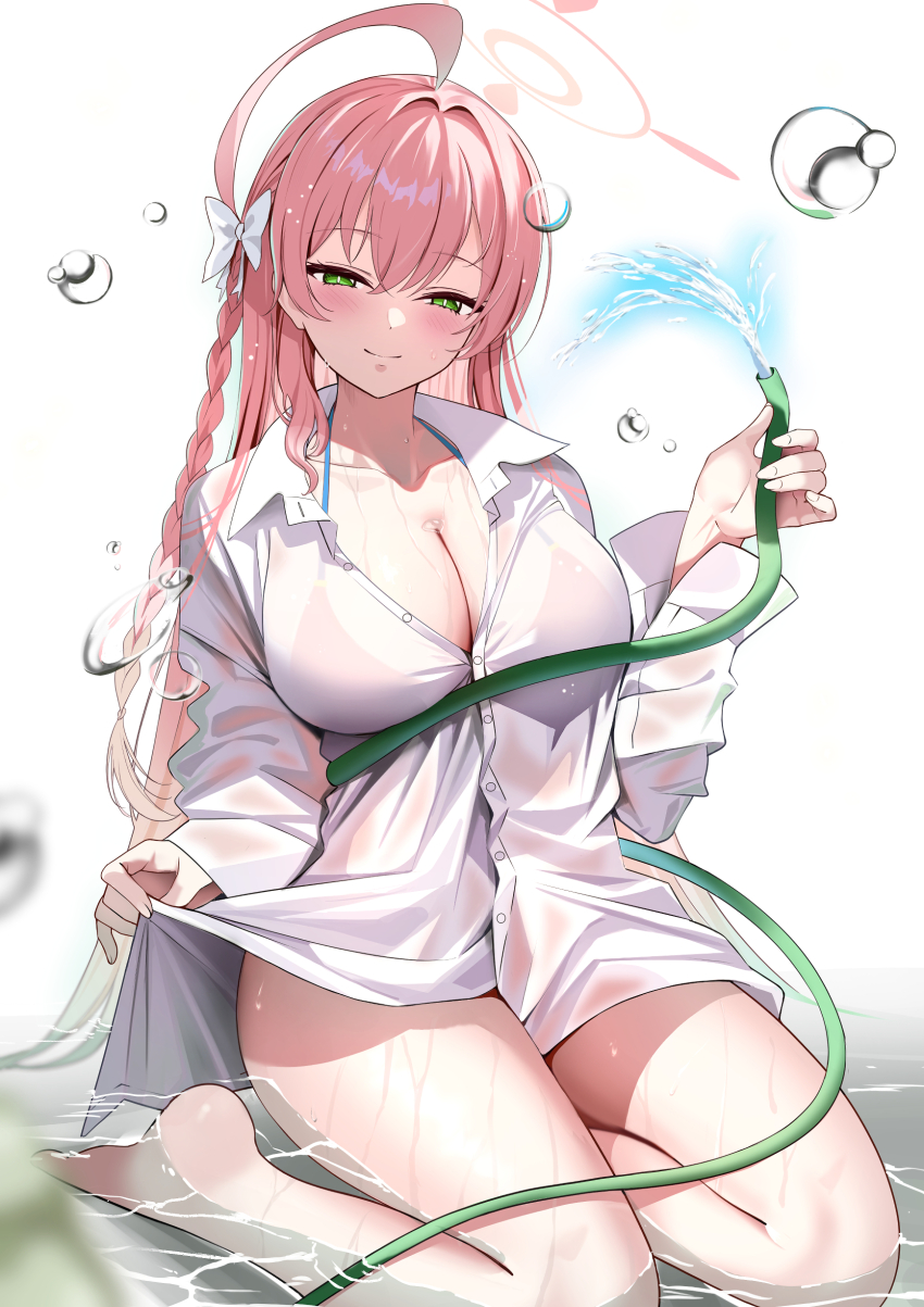 1girl absurdres ahoge barefoot bikini bikini_under_clothes blue_archive blurry blurry_foreground blush bow braid breasts cleavage closed_mouth clothes_lift collarbone collared_shirt commentary feet fingernails green_eyes hair_between_eyes hair_bow hair_intakes halo hanako_(blue_archive) hanako_(swimsuit)_(blue_archive) highres holding holding_hose hose large_breasts legs lifting_own_clothes long_hair long_sleeves looking_at_viewer mishiro_(ixtlolton) narrowed_eyes pink_bikini pink_hair pink_halo shirt shirt_lift simple_background single_braid sitting sleeves_past_wrists smile solo swimsuit thighs water water_drop wet wet_clothes wet_shirt white_background white_bow white_shirt