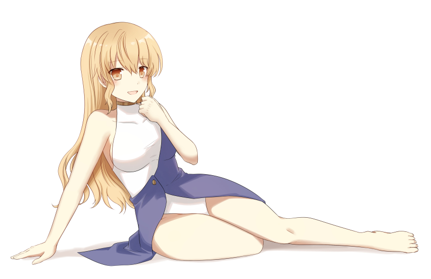 1girl absurdres bad_id bad_pixiv_id bare_shoulders barefoot blonde_hair blush breasts brown_choker brown_neckwear buttons choker dress hair_between_eyes hand_up highres koto_(shiberia39) long_hair looking_at_viewer medium_breasts no_headwear one-piece_swimsuit open_clothes open_dress open_mouth purple_dress simple_background sitting smile solo swimsuit touhou watatsuki_no_toyohime white_background white_one-piece_swimsuit yellow_eyes