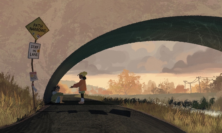 1boy 1girl absurdres autumn beanie blurry boots cloud cloudy_sky curled_up dark-skinned_female dark_skin depth_of_field forest fruiitlins full_body grass green_hoodie hat highres hood hoodie jacket looking_at_another mountainous_horizon nature offering_hand orange_jacket original power_lines reaching reaching_towards_another river road road_sign sandals shadow sign sitting sitting_in_shadow sky street under_bridge utility_pole