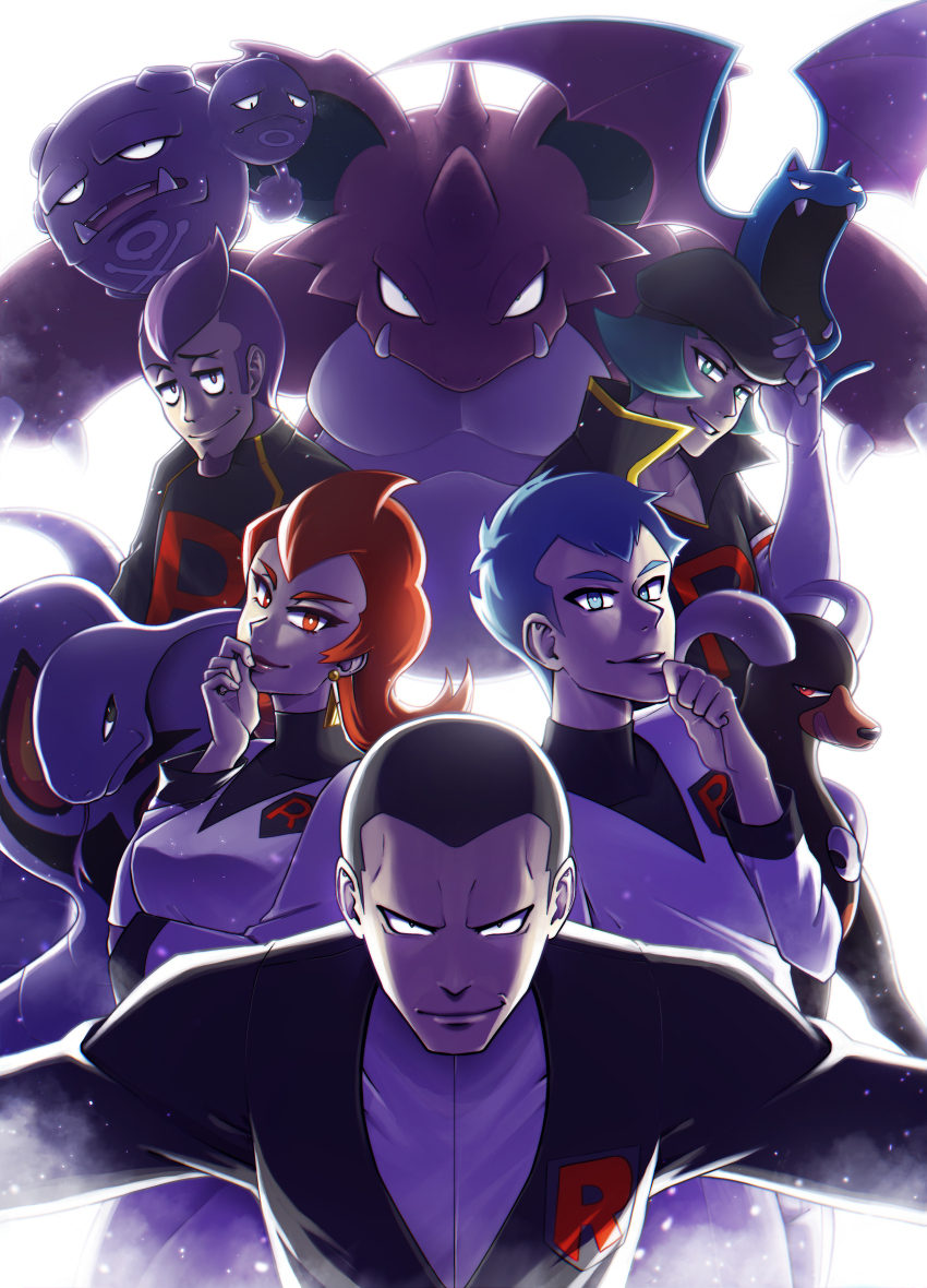 1girl 4boys absurdres arbok archer_(pokemon) ariana_(pokemon) bat_wings beret black_hair blue_eyes blue_hair colored_skin fangs forked_tongue gen_1_pokemon gen_2_pokemon giovanni_(pokemon) golbat hat highres horns houndoom mole mole_under_eye multiple_boys nidoking nintendo petrel_(pokemon) pokemon pokemon_(creature) pokemon_hgss proton_(pokemon) purple_skin red_eyes red_hair spanish_commentary sweetnarumy team_rocket team_rocket_uniform tongue weezing wings