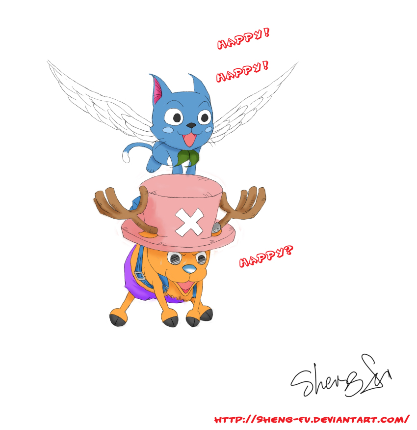 animal antlers backpack bag blue_hair blue_nose cat crossover fairy_tail flying happy happy_(fairy_tail) hat highres horns one_piece randoseru reindeer sheng_fu simple_background tony_tony_chopper white_background wings