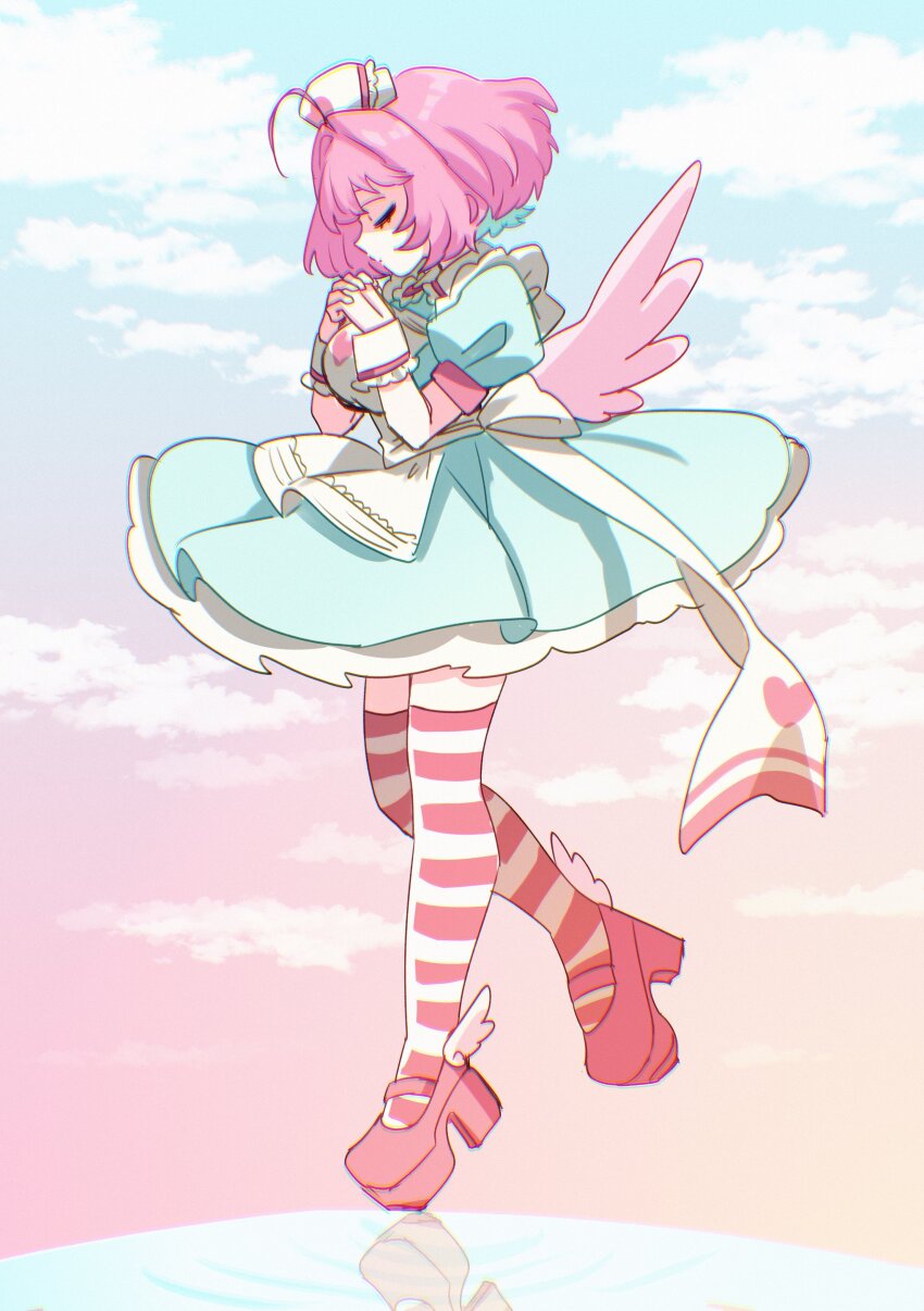1girl absurdres apron aqua_dress aqua_hair blue_sky breasts cardcaptor_sakura chromatic_aberration closed_eyes cloud cloudy_sky colored_inner_hair dress gradient_sky hat heart heart_print highres idolmaster idolmaster_cinderella_girls idolmaster_cinderella_girls_starlight_stage large_breasts multicolored_hair nurse_cap own_hands_together pink_hair pink_shoes pink_sky pink_thighhighs pink_wings shoes short_sleeves sky solo striped_clothes striped_thighhighs sukoyaka_(100hituzi) thighhighs thighs two-tone_hair two-tone_thighhighs wet_hat white_apron white_thighhighs white_wrist_cuffs winged_shoes wings wrist_cuffs yumemi_riamu