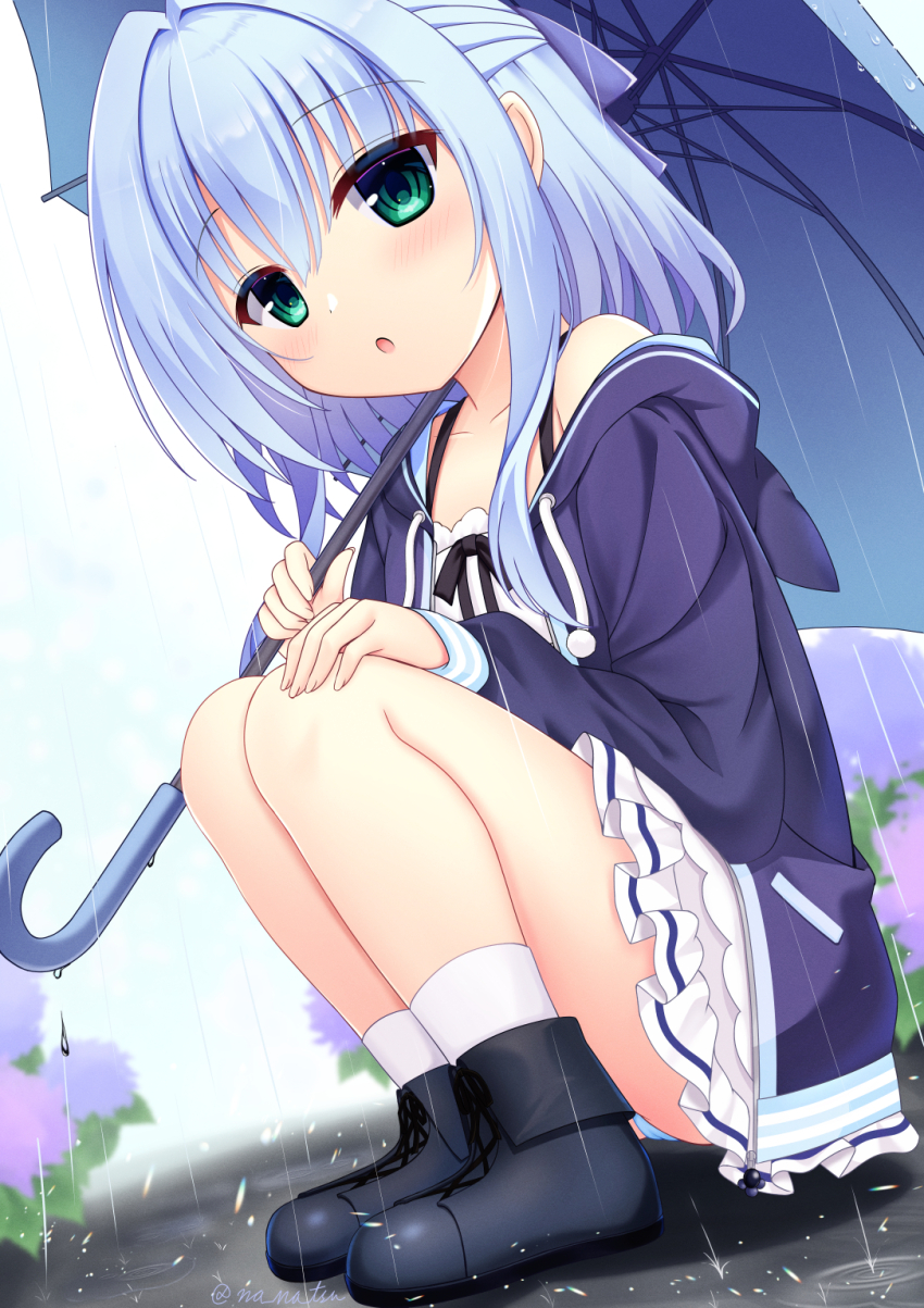 1girl :o bare_shoulders black_hoodie black_shoes blue_hair blue_panties blue_umbrella blurry blurry_background blush cameltoe collarbone commentary cross-laced_shoes dutch_angle eyes_visible_through_hair flower full_body green_eyes hair_between_eyes hair_intakes half_updo hamidashi_creative hand_on_own_knee highres holding holding_umbrella hood hood_down hoodie hydrangea looking_at_viewer medium_hair miniskirt nanatsu_(na_na_tsu) nishiki_asumi outdoors panties panty_peek pleated_skirt purple_flower rain shoes sidelocks skirt sleeves_past_wrists socks solo squatting thighs umbrella under_umbrella underwear water_drop white_skirt white_socks
