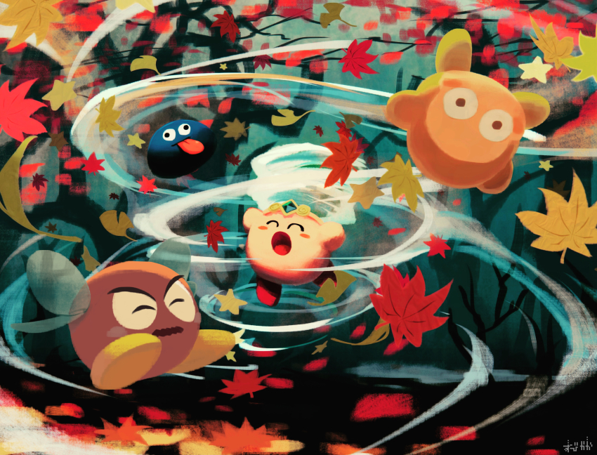 bronto_burt closed_eyes flying forest gooey_(kirby) highres kirby kirby_(series) leaf nature nintendo open_mouth outdoors suyasuyabi tongue tongue_out tornado tornado_kirby tree waddle_dee wind
