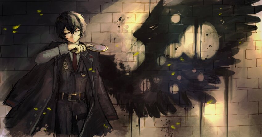 1boy 4_vy000 belt black_hair black_suit black_vest brick_wall closed_mouth cowboy_shot formal_clothes hand_mirror hand_up highres limbus_company looking_at_viewer male_focus mirror necktie open_clothes parody project_moon red_necktie short_hair single_wing solo standing suit vest wings yi_sang_(project_moon)