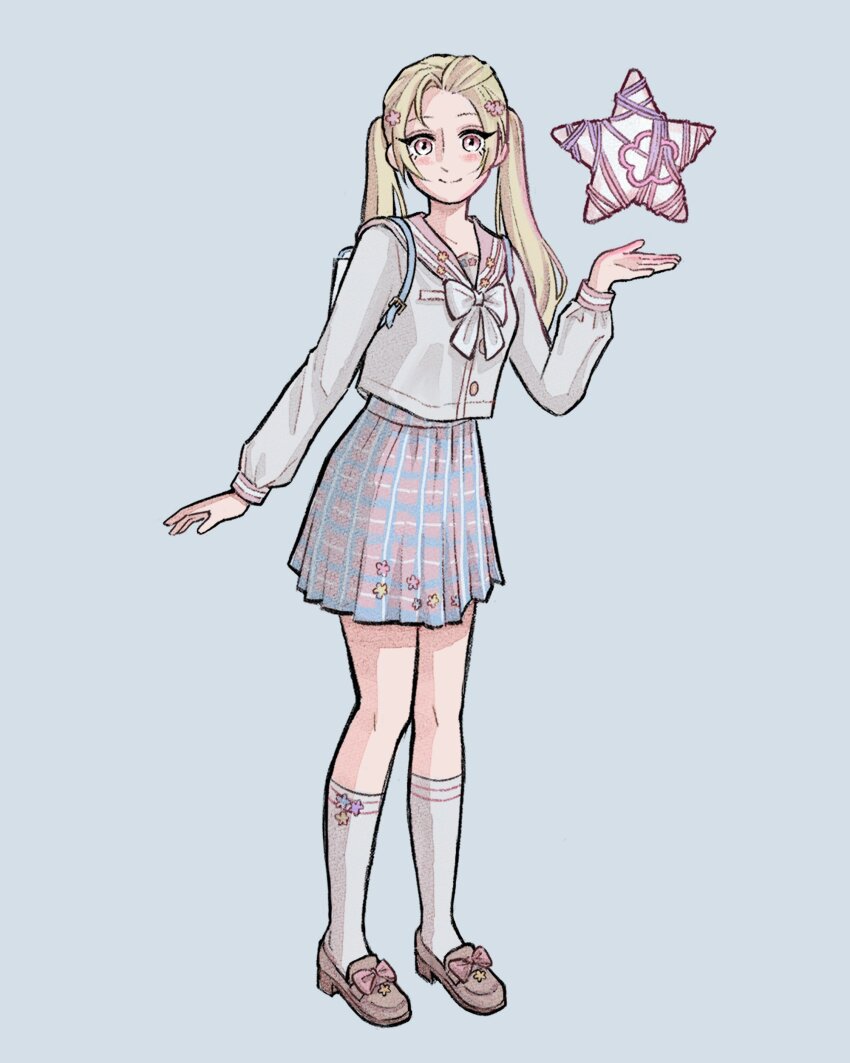 1girl absurdres alternate_color backpack bag blonde_hair blue_background blue_bow blue_bowtie blue_shirt blue_skirt blue_socks bow bowtie brown_bow brown_shoes buckle buttons closed_mouth commentary english_commentary eyelashes floral_print flower footwear_bow forehead full_body hair_flower hair_ornament highres infinity_nikki kneehighs light_blush loafers long_hair long_sleeves looking_at_viewer miniskirt multicolored_hair nikki_(series) nxnjakat outstretched_hand pink_eyes pink_flower pink_hair pink_sailor_collar pink_skirt plaid_clothes plaid_skirt pleated_skirt pocket sailor_collar school_days_(infinity_nikki) school_uniform shirt shoes simple_background skirt smile socks solo standing star_(symbol) streaked_hair twintails two-tone_skirt whimstar_(infinity_nikki) white_bag yarn