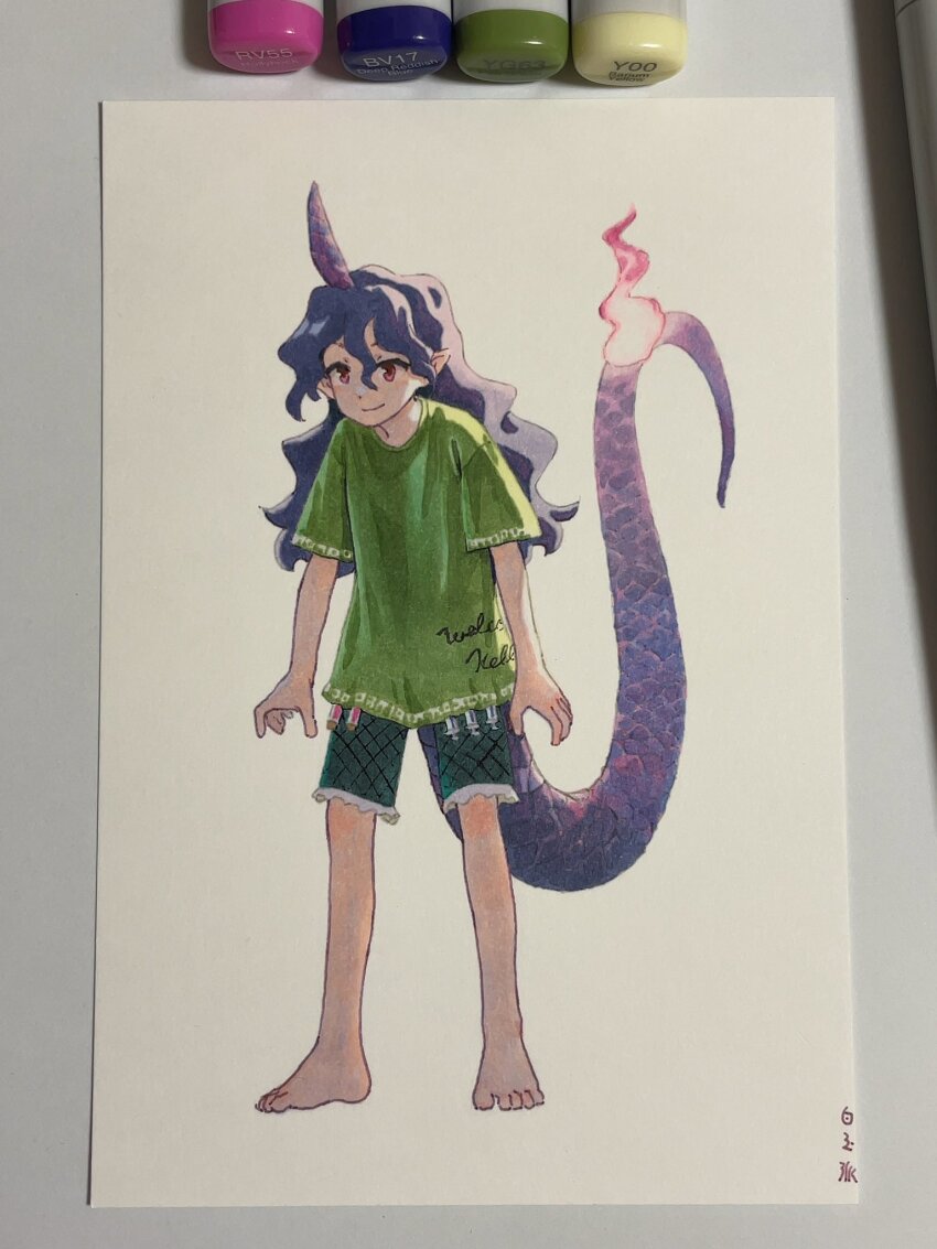 1girl art_tools_in_frame barefoot closed_mouth clothes_writing commentary full_body green_shirt green_shorts hair_between_eyes highres horns long_hair long_tail looking_at_viewer marker marker_(medium) pointy_ears purple_eyes purple_hair purple_tail shiratama_(hockey) shirt short_sleeves shorts signature single_horn smile solo standing t-shirt tail tenkajin_chiyari test_tube touhou traditional_media wavy_hair white_background