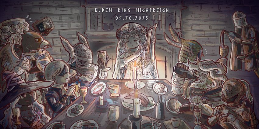 3girls 6+boys armor beak bird_boy blindfold blonde_hair candle closed_eyes copyright_name cup dark-skinned_female dark_skin dated doll_joints dress drinking duchess_(elden_ring) elden_ring elden_ring_nightreign executor_(elden_ring) fe_neighbours food green_hood guardian_(elden_ring) hat helmet holding holding_cup holding_instrument holding_lyre hood indoors instrument ironeye_(elden_ring) jacket joints lyre multiple_boys multiple_girls music playing_instrument pouring purple_hat raider_(elden_ring) recluse_(elden_ring) revenant_(elden_ring) table veil white_dress wings witch_hat wylder_(elden_ring)