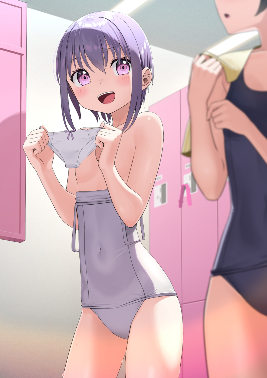 2girls apollo_(hu_maple) bare_shoulders blue_one-piece_swimsuit bow bow_panties breasts commentary_request competition_school_swimsuit covered_navel flat_chest highres holding holding_panties holding_underwear holding_unworn_clothes looking_at_another multiple_girls one-piece_swimsuit original panties purple_eyes purple_hair school_swimsuit short_hair small_breasts smile solo_focus swimsuit underwear undressing unworn_panties white_one-piece_swimsuit white_panties