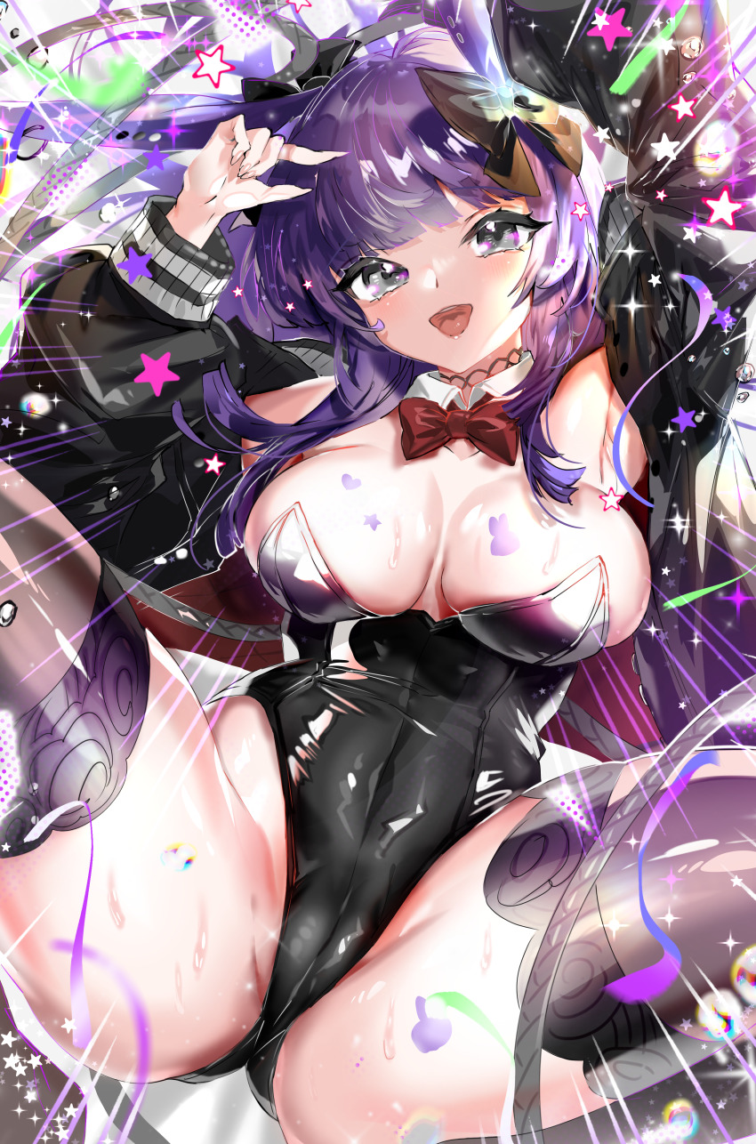 1girl absurdres alternate_costume animal_ears arknights black_jacket black_leotard black_thighhighs detached_collar fake_animal_ears grey_eyes highres jacket leotard long_hair long_sleeves open_clothes open_jacket open_mouth playboy_bunny purple_hair rabbit_ears rabbit_girl rope_(arknights) smile solo spread_legs strapless strapless_leotard tekona0 thighhighs