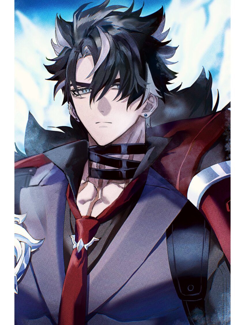 1boy bandaged_neck bandages black_hair black_shirt blue_eyes blue_sky closed_mouth cloud cloudy_sky coat coat_on_shoulders collared_shirt commentary day domo_(domo_kizusuki) ear_piercing earrings facial_scar frown fur-trimmed_coat fur_trim genshin_impact grey_hair grey_vest hair_between_eyes highres jewelry lapels looking_at_viewer male_focus multicolored_hair necktie outdoors parted_bangs piercing pillarboxed red_necktie scar scar_on_cheek scar_on_face scar_on_neck serious shirt short_hair sky solo split_mouth streaked_hair stud_earrings symbol-only_commentary upper_body v-shaped_eyebrows vest wriothesley_(genshin_impact)