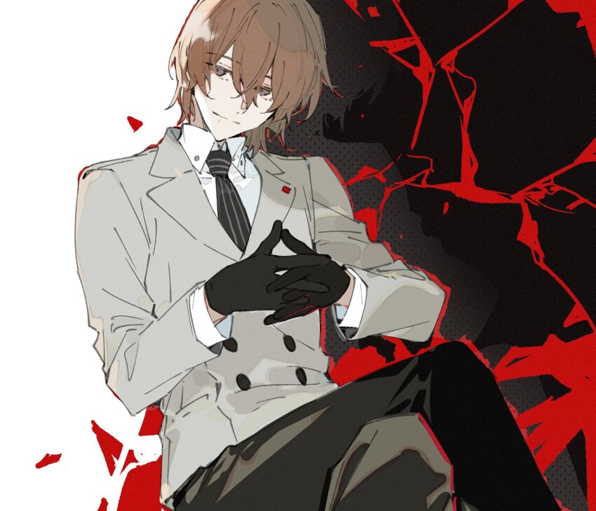 1boy akechi_gorou black_gloves black_necktie black_pants brown_eyes brown_hair brown_jacket buttons closed_mouth crossed_legs double-breasted dress_shirt gloves hair_between_eyes head_tilt highres interlocked_fingers jacket looking_to_the_side male_focus necktie pants persona persona_5 shattered shirt short_hair sitting smile solo striped_clothes vertical-striped_clothes vertical-striped_necktie white_shirt xing_20