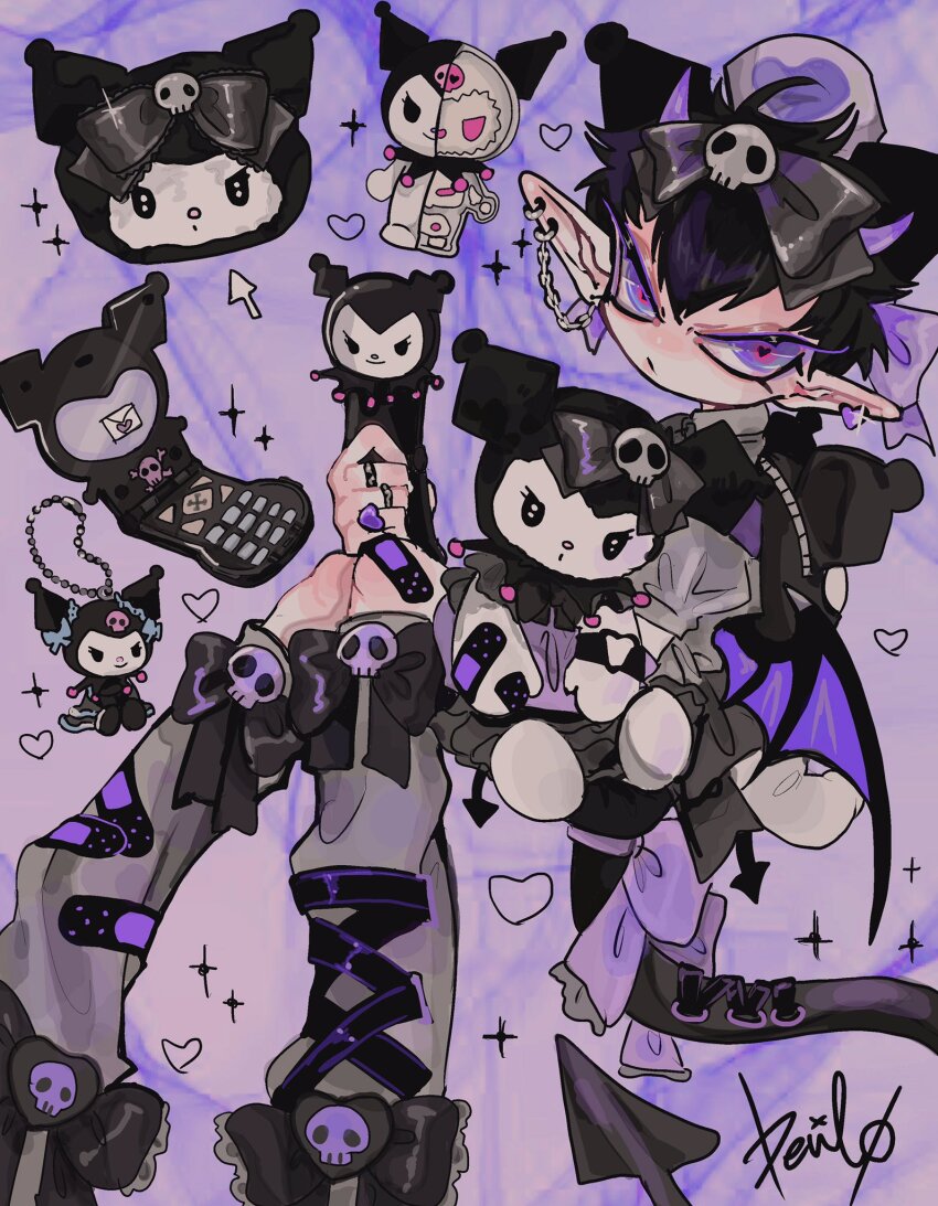 1boy amatou_akuma animal_ears back_bow bag bandaid bandaid_on_clothes bandaid_on_knee bandaid_on_leg bat_wings black_bow black_hair black_tail bow candy cellphone chain character_backpack character_bag character_doll charm_(object) closed_mouth collared_shirt computer_keyboard controller cross crossdressing crossdressing_(mtf) cursor demon demon_boy demon_horns demon_tail demon_wings doll ear_piercing earrings emo_boy eyeshadow flip_phone food frilled_bow frills frown full_body game_controller goth_fashion gothic_lolita grey_frills grey_leg_warmers grey_shirt hair_between_eyes hair_bow hair_ornament hat heart heart, heart-ring heart-shaped_pupils heart_earrings heart_print hello_kitty highres holding holding_doll holding_stuffed_toy horns jester_cap jewelry juliet_sleeves kuromi leg_warmers lolita_fashion long_sleeves looking_at_viewer makeup male_focus midair nurse_cap original phone piercing pointy_ears pointy_tail puffy_sleeves purple_background purple_bow purple_earrings purple_eyes purple_horns purple_theme ring sanrio shirt short_hair signature simple_background sitting skeleton skirt skull skull_hair_ornament skull_print solo sparkle stuffed_animal stuffed_rabbit stuffed_toy symbol-shaped_pupils tail tail_bow tail_ornament toy trap white_rabbit_(animal) wings x-ray zipper