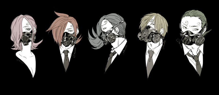 1girl 4boys alternate_costume black_background blonde_hair blue_hair brother_and_sister brothers commentary_request curly_eyebrows formal_clothes gas_mask green_hair hair_over_one_eye mask matsuda_(louol) multiple_boys necktie one_eye_covered one_piece pink_hair red_hair respirator sanji_(one_piece) short_hair siblings suit vinsmoke_ichiji vinsmoke_niji vinsmoke_reiju vinsmoke_yonji