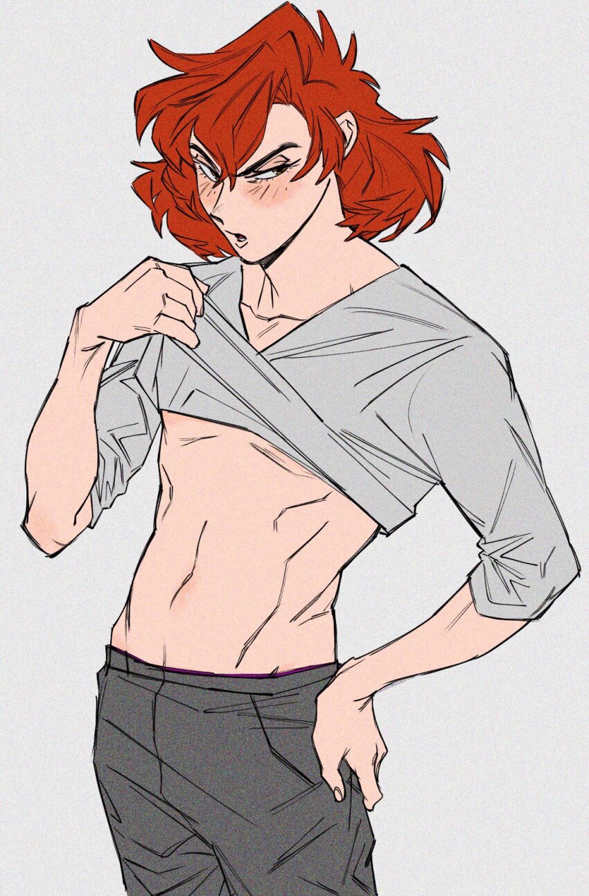 1boy blush clothes_lift collarbone commentary_request embarrassed grey_background grey_pants grey_shirt highres honest_john_(disney) humanization long_eyelashes looking_at_viewer male_focus messy_hair mole mole_under_eye navel open_mouth pants pinocchio_(disney_movie) red_hair shirt shirt_lift solo uochandayo