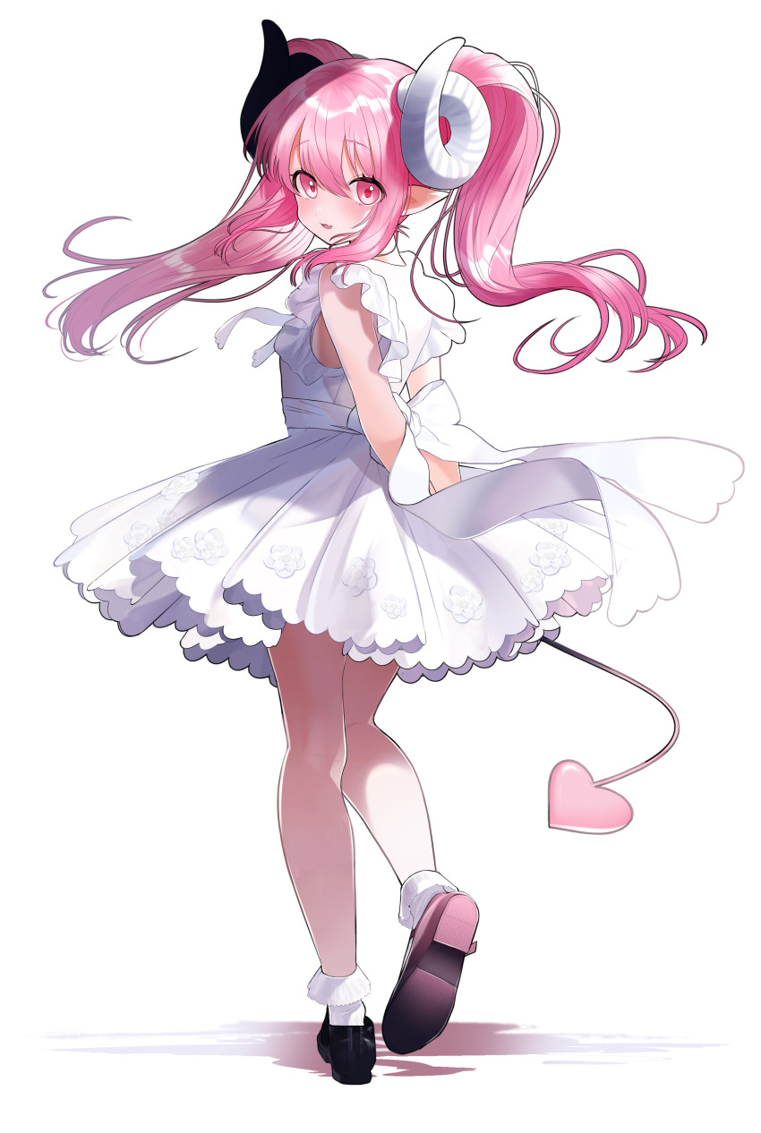 1girl absurdres aged_down arms_behind_back black_shoes blush bobby_socks demon_girl demon_horns demon_tail dress fang frilled_dress frills full_body heel_up highres horns long_hair looking_at_viewer looking_back original parted_lips pink_eyes pink_hair pointy_ears pomu_(pomu_me) shadow shoes short_dress simple_background skin_fang sleeveless sleeveless_dress smile socks solo standing tail twintails virgin_bitch_gal white_background white_dress white_socks