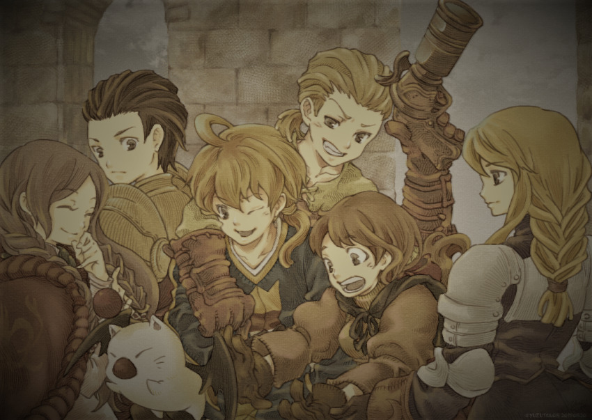 3boys 3girls agrias_oaks ahoge alma_beoulve armor blonde_hair braid brown_eyes brown_hair closed_eyes delita_heiral everyone final_fantasy final_fantasy_tactics gloves group_picture gun holding holding_weapon looking_back moogle multiple_boys multiple_girls mustadio_bunansa one_eye_closed open_mouth ovelia_atkascha ponytail ramza_beoulve shoulder_armor smile surprised teeth twin_braids weapon wings yuzutea08