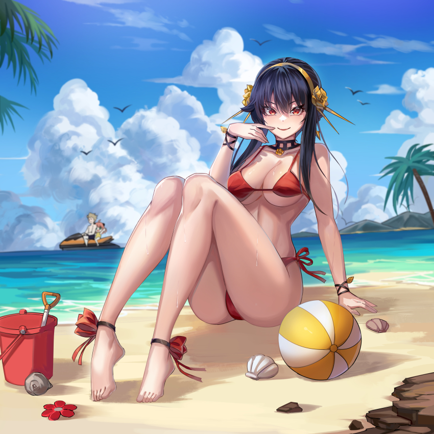 1boy 2girls absurdres ankle_ribbon anya_(spy_x_family) ball barefoot beach beachball bikini bird black_choker black_hair blue_sky breasts bucket choker cloud day family flower full_body ginyasama gold_hairband hair_flower hair_ornament hairband highres jet_ski knees_up large_breasts leg_ribbon multiple_girls outdoors palm_tree red_bikini red_eyes ribbon rose sand shell shovel side-tie_bikini_bottom sitting sky solo_focus spikes spy_x_family swimsuit thighs tree twilight_(spy_x_family) watercraft wet yor_briar