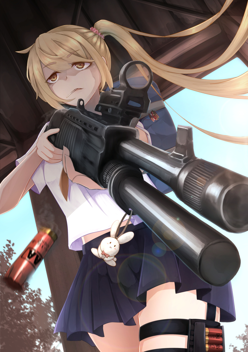 12-gauge 12-gauge_(2_3/4_inch_shell) 1girl ammunition bag blonde_hair candy charm_(object) commentary day dual-mode_shotgun female_focus food franchi gun highres holding holding_gun holding_weapon lens_flare lollipop motion_blur onion_(s00234289) original outdoors pump-action_shotgun pump_action school_bag school_uniform scrunchie semi-automatic_shotgun serafuku shotgun shotgun_shell side_ponytail smoke solo spas-12 weapon yellow_eyes