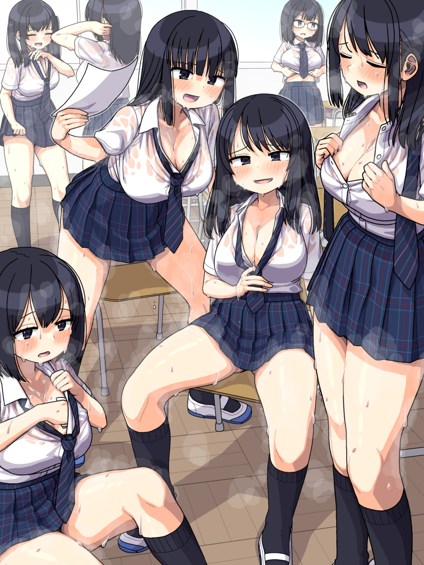 6+girls ass_peek black_hair blush breasts classroom cleavage closed_eyes collarbone desk diagonal-striped_clothes diagonal-striped_necktie dripping dripping_sweat fanning_self glasses hair_between_eyes highres hot kneehighs large_breasts long_hair looking_at_viewer loose_necktie maruput medium_hair multiple_girls necktie on_chair open_mouth original plaid_clothes plaid_skirt pleated_skirt school_desk school_uniform see-through_clothes sitting skirt smile socks steaming_body striped_clothes striped_necktie sweat sweaty_clothes thighs undone_necktie very_sweaty wet wet_clothes wiping_sweat
