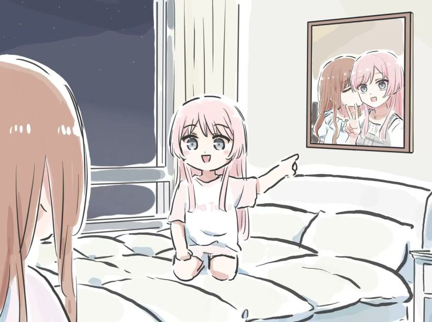 2girls anon_tokyo_(bang_dream!) bang_dream! bang_dream!_it&#039;s_mygo!!!!! bedroom blush brown_hair chihaya_anon closed_eyes commentary_request fang grey_eyes indoors long_hair lyy multiple_girls nagasaki_soyo on_bed open_mouth photo_(object) pink_hair pointing sitting sky star_(sky) starry_sky v yuri