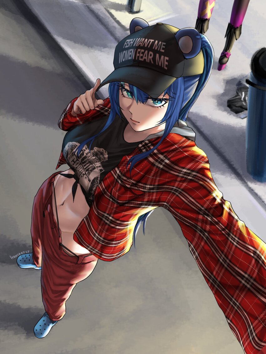 1girl absurdres animal_ears artist_name baseball_cap bear_ears black_hat black_shirt blue_eyes blue_hair blue_shoes breasts closed_mouth clothes_writing crocs day ears_through_headwear english_text eyelashes female_focus finger_to_head flannel from_above front-tie_top fujikura_uruka full_body hansart17 hat highres jacket logo_parody long_hair long_sleeves looking_at_viewer meme midriff multicolored_hair navel outdoors outstretched_arm panties pants panty_peek pavement phase_connect plaid_clothes plaid_jacket ponytail red_jacket red_pants selfie serious shadow shirt shoes sidelocks sidewalk solo straight_outta_compton streaked_hair t-shirt tied_shirt twitter_username underwear virtual_youtuber watermark women_want_me_fish_fear_me_(meme)