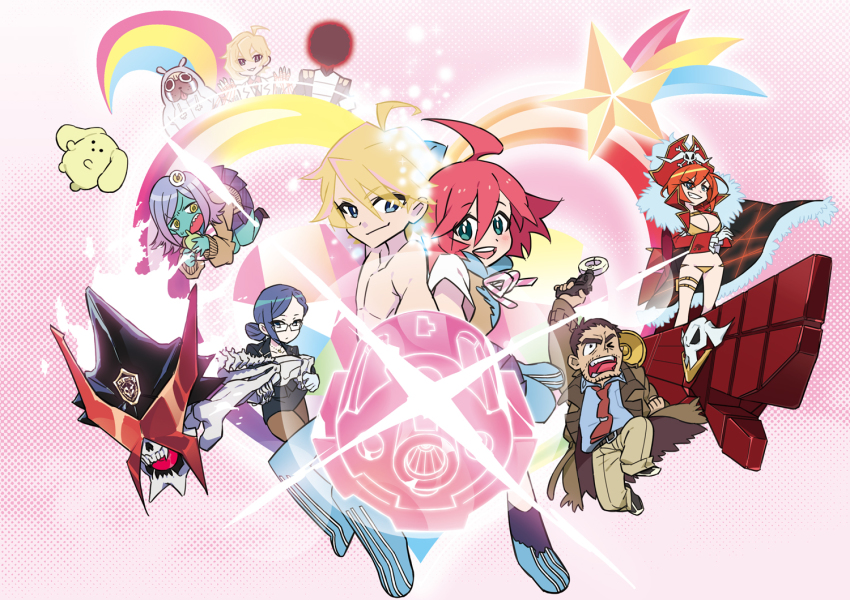 10s 4girls 5boys alpha_omega_nova blackholian coat gun guts_(kill_la_kill) hat heart ichiko_(kimini) keiji_(uchuu_patrol_luluco) kill_la_kill lalaco_godspeed life_fiber long_coat luluco midori_(uchuu_patrol_luluco) multiple_boys multiple_girls over_justice pirate_hat police_hat school_uniform secretary_(uchuu_patrol_luluco) smile spoilers stuffed_animal stuffed_toy topless_male trench_coat trigger-chan uchuu_patrol_luluco weapon wooser_(character) wooser_no_sono_higurashi