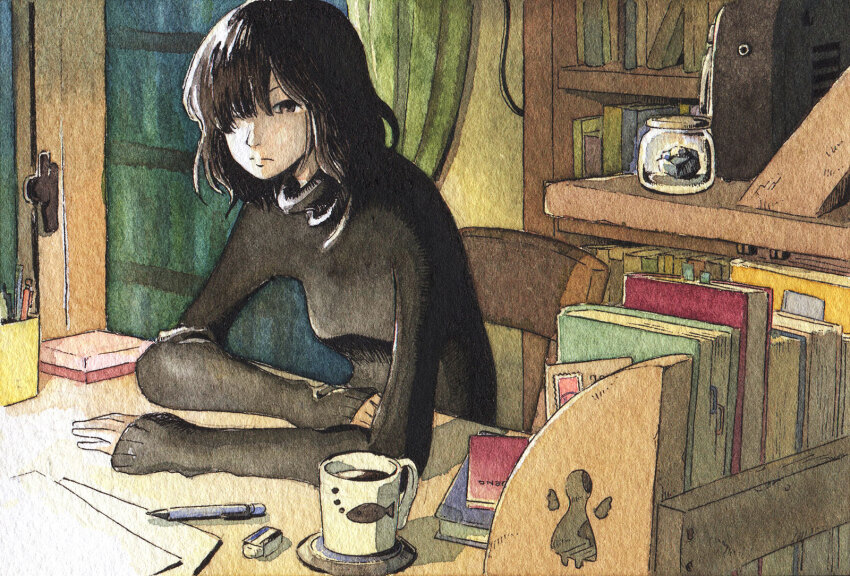 1girl arms_on_table black_hair black_sweater book bookshelf chair closed_mouth cup desk eraser expressionless hair_over_one_eye highres indoors jar long_sleeves mechanical_pencil medium_hair mug open_door original pencil shelf solo sweater traditional_media yuroy_kawano
