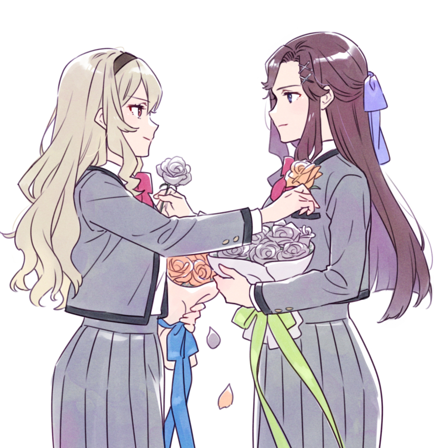 2girls black_hairband blonde_hair blue_eyes blue_ribbon blunt_ends bouquet bow bowtie breast_pocket brown_hair closed_mouth collared_shirt cowboy_shot eye_contact falling_petals flower from_side green_ribbon grey_flower grey_jacket grey_rose grey_skirt hair_between_eyes hair_bow hair_ornament hairband half_updo hands_up highres holding holding_bouquet holding_flower ito_fumi jacket light_smile long_hair long_sleeves looking_at_another multiple_girls open_clothes open_jacket orange_flower orange_rose parted_bangs petals pleated_skirt pocket profile purple_bow red_bow red_bowtie red_eyes ribbon rose saijou_claudine school_uniform seishou_music_academy_uniform shirt shirt_tucked_in shoujo_kageki_revue_starlight sidelocks simple_background skirt standing tendou_maya wavy_hair white_background white_shirt x_hair_ornament